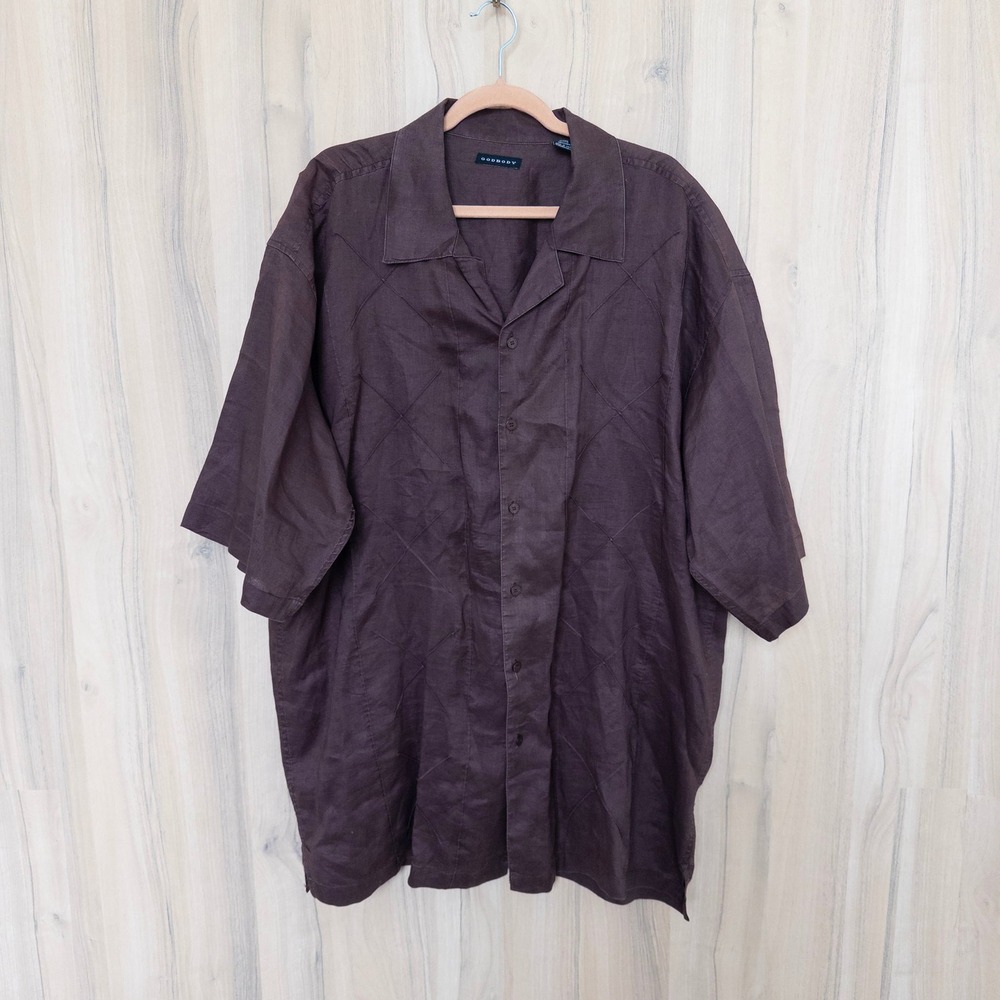 Godbody Mens Linen Button Down Short Sleeve Shirt 3XL Brown‎ Textured Casual